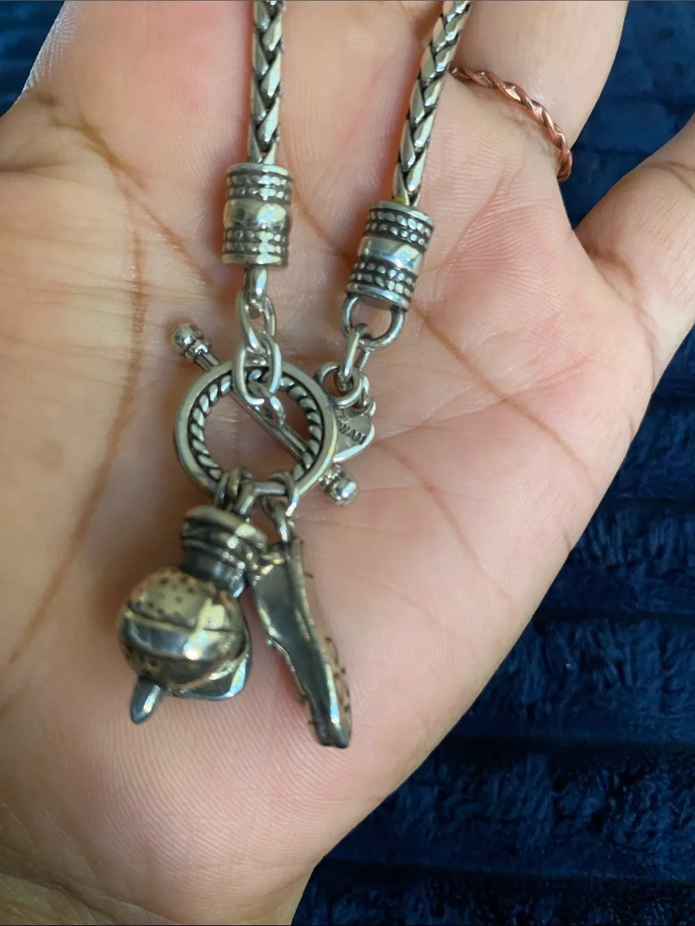 Brighton Silver Tone Braided Charm Bracelet with Toggle and Mixed Charms